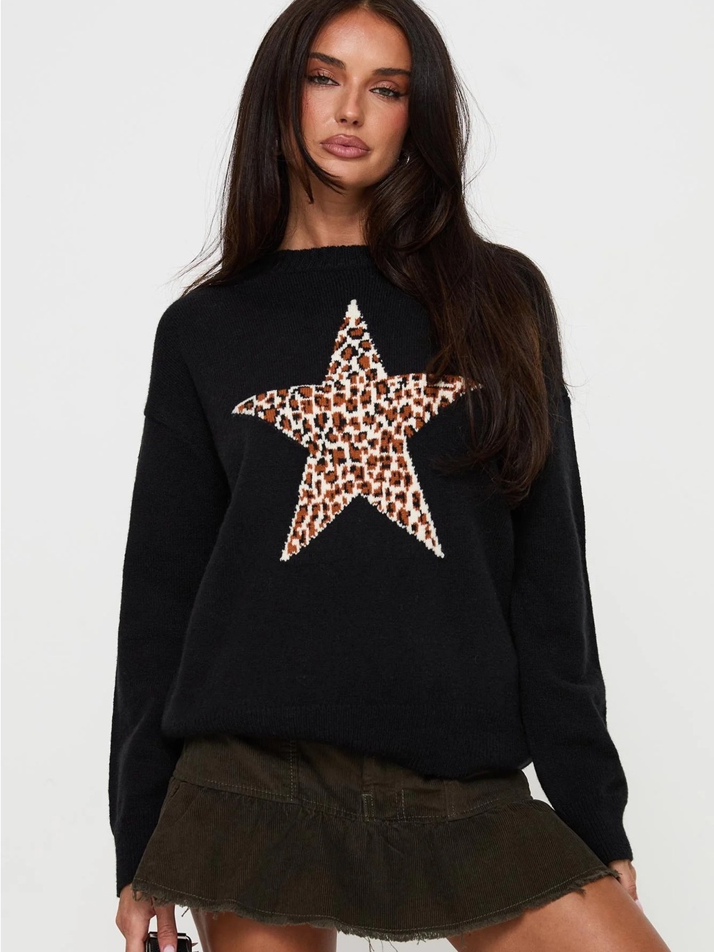 Princess Poly “Run the Party” Knit Black Sweater with Leopard Star S/M NWT